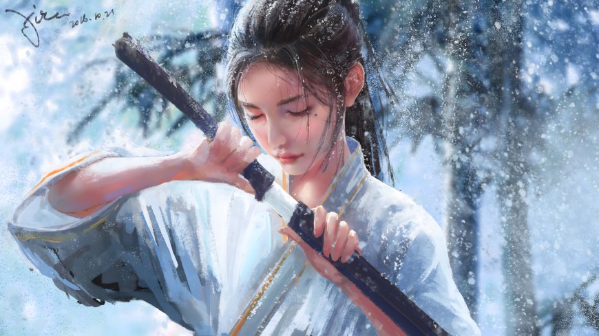 雪中持刀少女闭眼沉静古风插画人物电脑壁纸