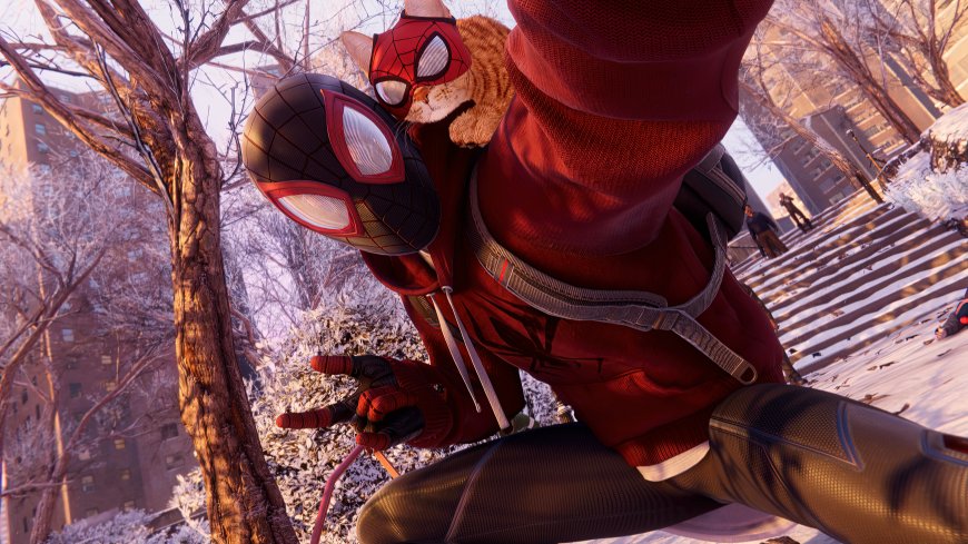 蜘蛛侠迈尔斯与猫咪雪地自拍游戏场景电脑壁纸