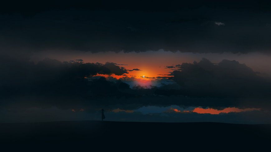夕阳云层缝隙透出光芒人物剪影唯美风景电脑壁纸