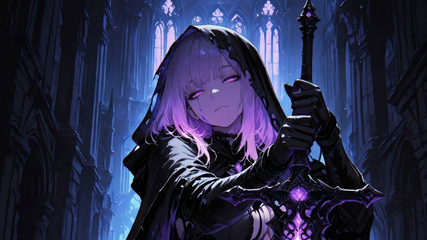 暗黑修女持紫剑哥特教堂神秘人物电脑壁纸