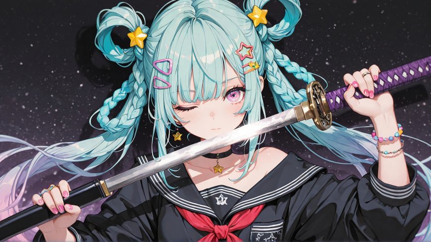 初音未来持武士刀星空背景战斗姿态动漫电脑壁纸
