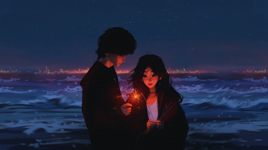 海边情侣手持烟花夜空星光浪漫人物电脑壁纸