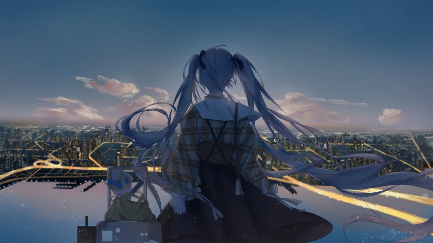 初音未来城市夜景背影双马尾动漫电脑壁纸
