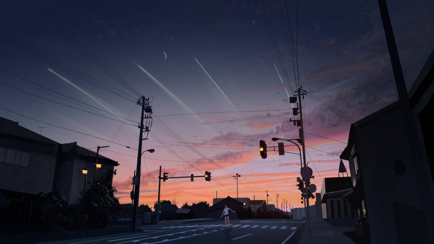 banishment日系动漫风黄昏街道流星划过治愈风景电脑壁纸