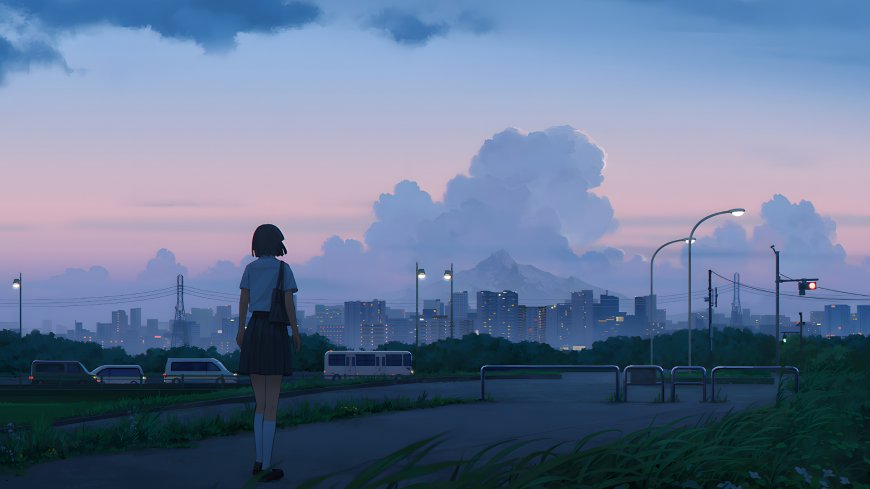 短发校服少女远眺城市暮色温柔日系动漫电脑壁纸