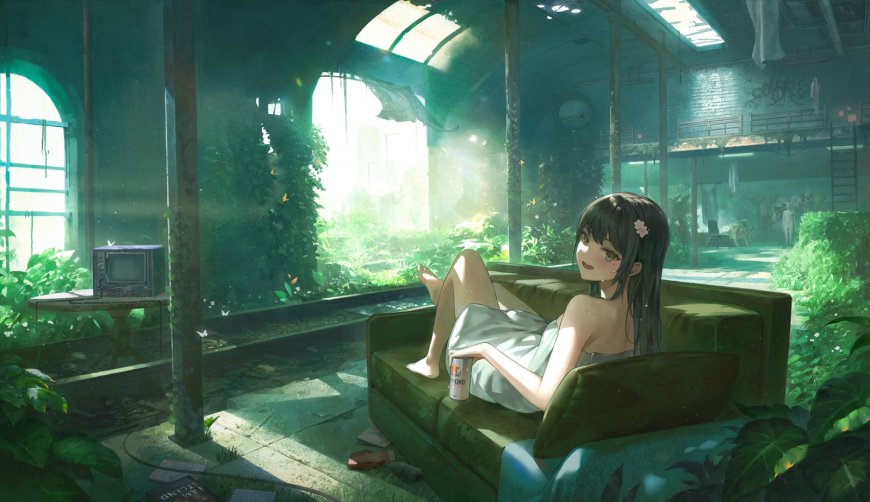 废墟少女沙发回眸治愈系动漫插画电脑壁纸