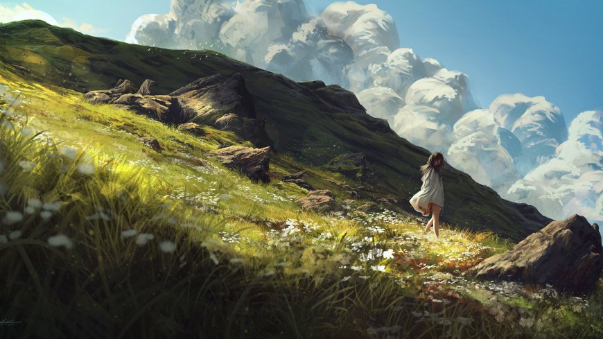 白衣少女山间草地漫步插画风格动漫人物电脑壁纸