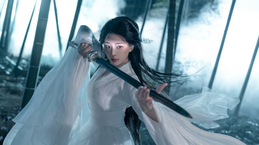 白衣古风女侠持剑竹林对战武侠人物电脑壁纸