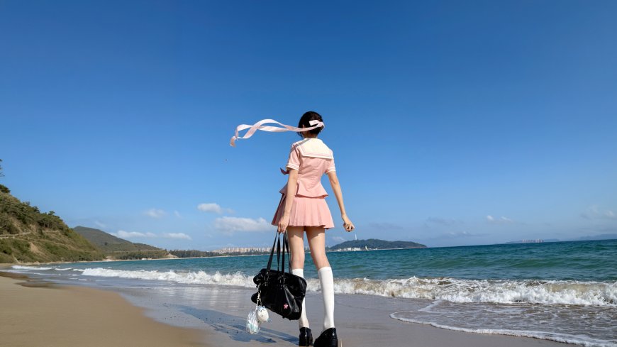 粉裙少女背影海边漫步夏日清新人物电脑壁纸