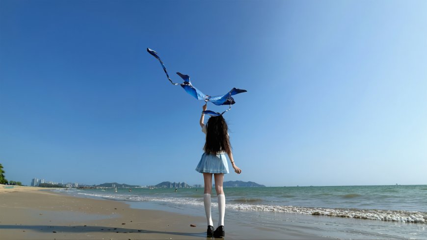 海边少女蓝色百褶裙放风筝夏日清新人物电脑壁纸