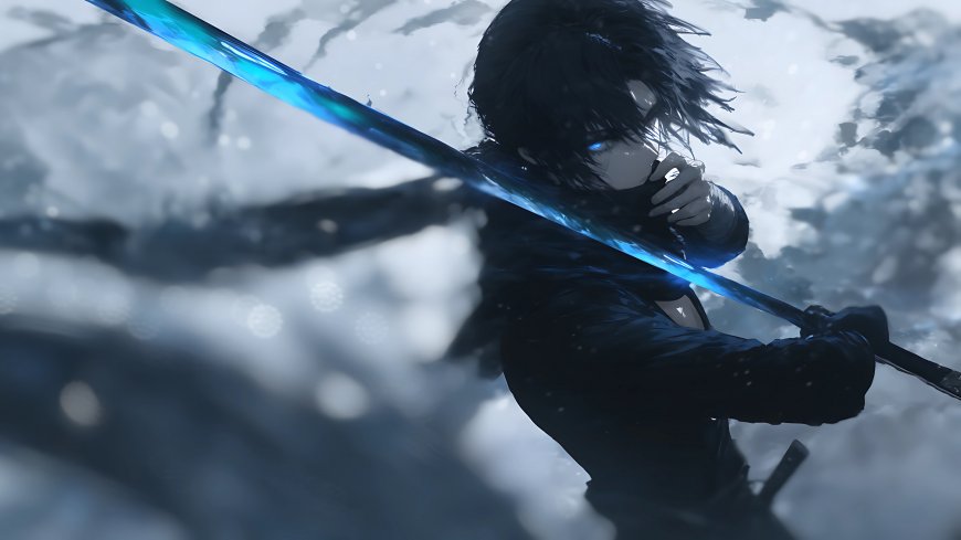黑发少年持蓝光长剑风雪战斗动漫电脑壁纸