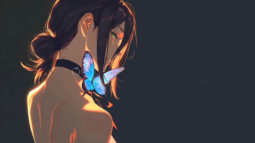 黑发女性侧颜蓝色蝴蝶停驻肩头唯美意境人物电脑壁纸