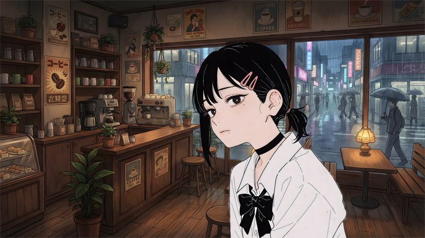黑发动漫少女咖啡馆内望向窗外雨夜街景动漫电脑壁纸