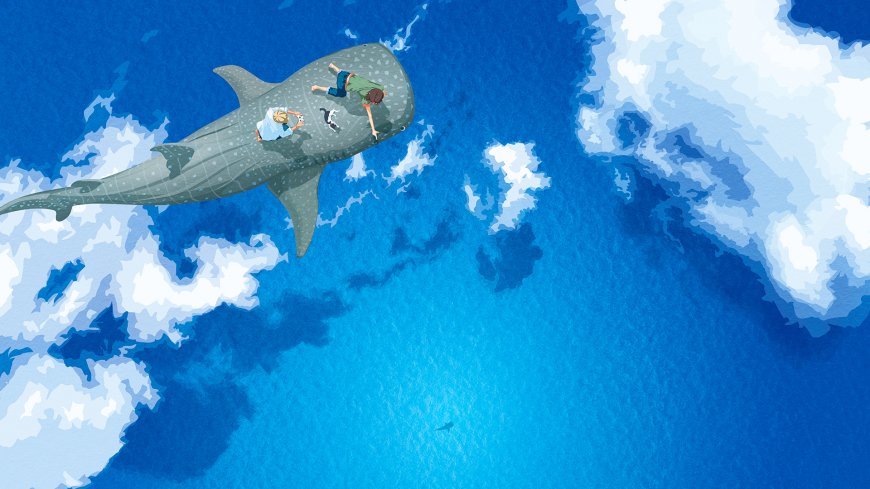 鲸鲨载童云海中翱翔奇幻治愈插画创意电脑壁纸