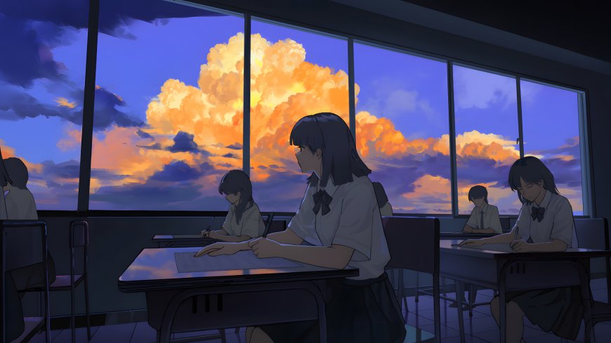 教室窗边学生望橙云晚霞青春校园日系动漫电脑壁纸