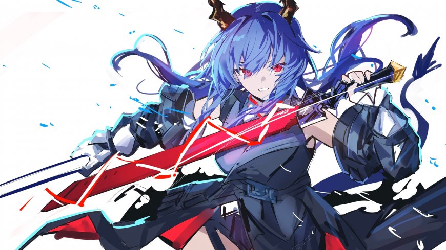 明日方舟陈蓝发红瞳持剑战斗姿态动漫电脑壁纸