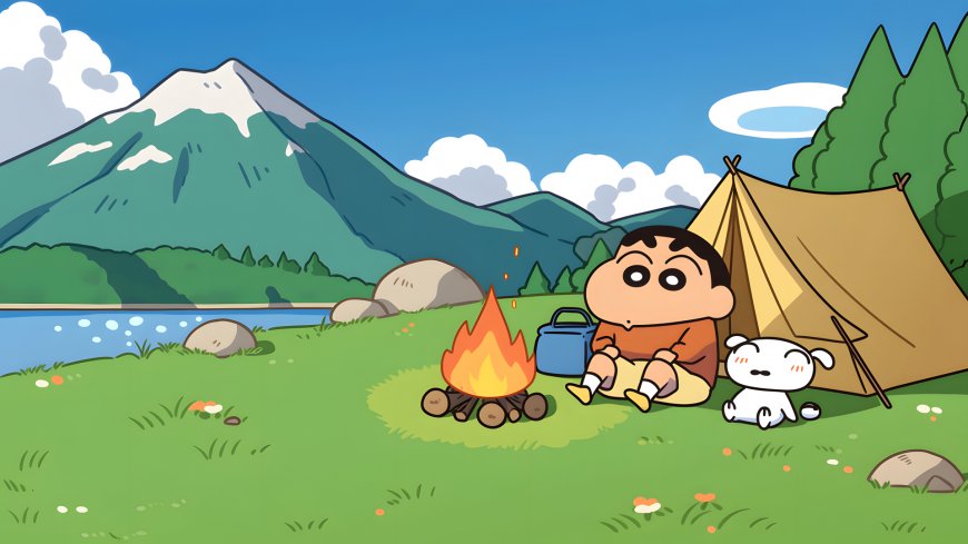 蜡笔小新小白露营篝火雪山湖泊温馨场景动漫电脑壁纸