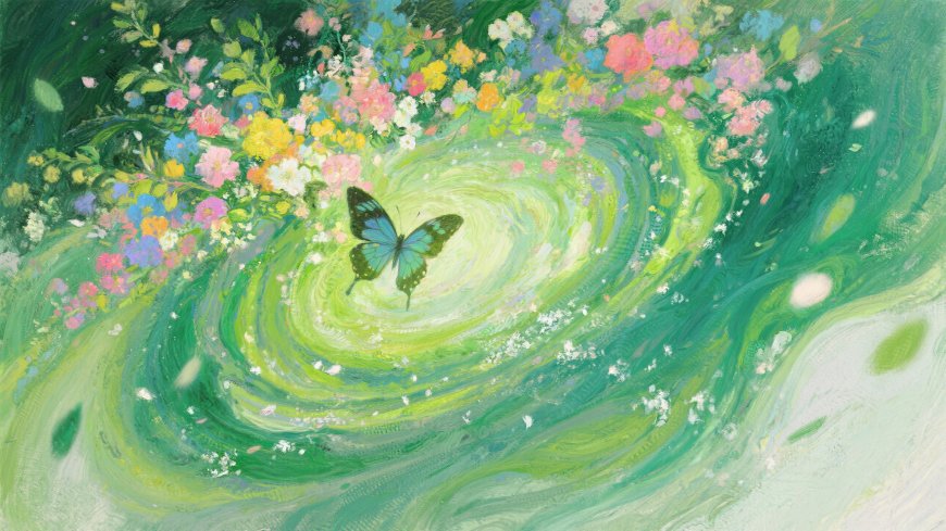 蓝色蝴蝶花海漩涡奇幻梦境插画风格创意电脑壁纸