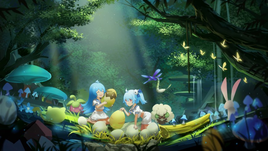 蓝发少女森林收集彩蛋奇幻生物环绕萌系动漫电脑壁纸