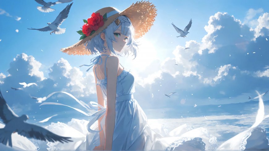 蓝发少女草帽红玫瑰海鸥飞翔动漫电脑壁纸