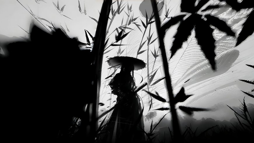 水墨竹林戴斗笠持刀侠客剪影黑白意境动漫电脑壁纸