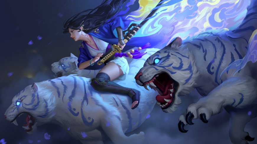 女武士骑白虎挥刀战斗热血动漫人物电脑壁纸