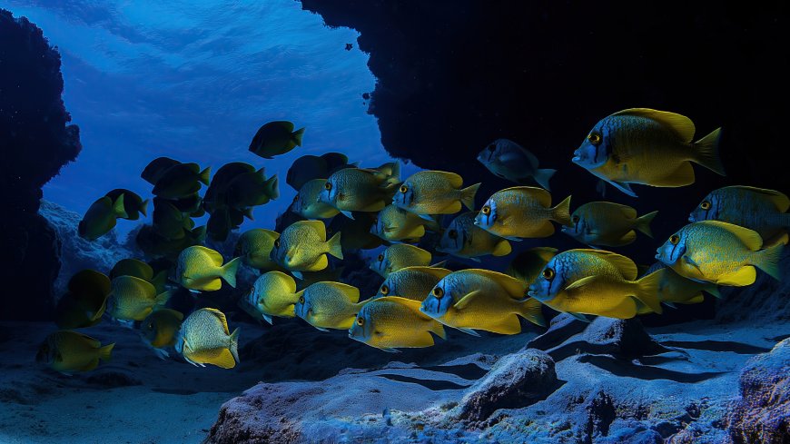 深海黄鱼群游珊瑚礁海洋生态风景电脑壁纸