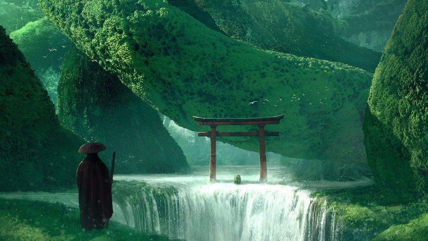 瀑布神社和尚法师奇幻山水意境插画动漫电脑壁纸