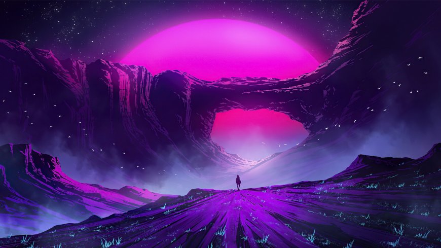 外星球旅行者仰望巨大粉月科幻风景电脑壁纸