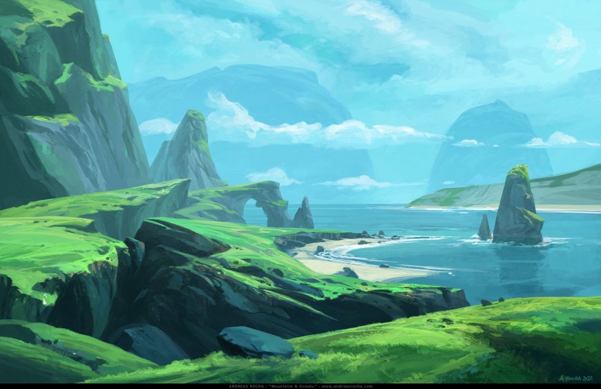 绿色海岸悬崖海滩海浪奇幻山水插画风景电脑壁纸