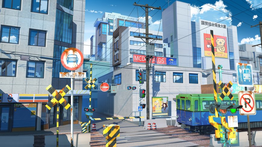 日式街道电车穿行清新治愈动漫电脑壁纸