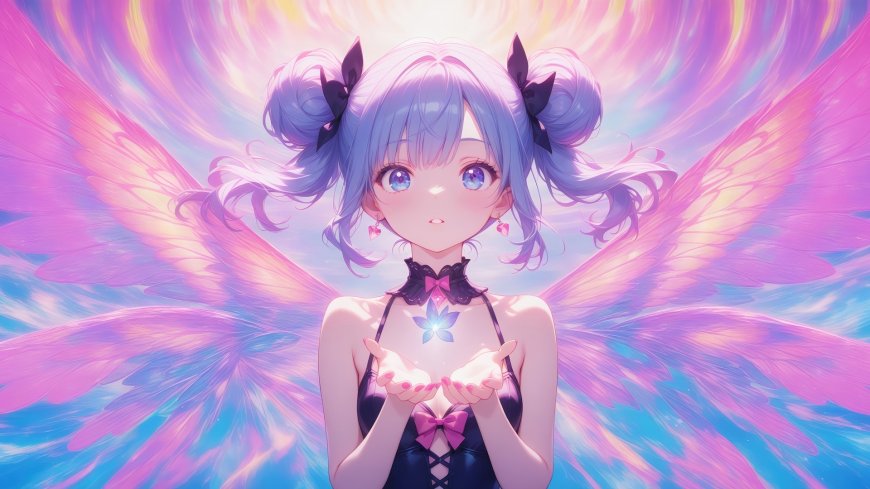 双马尾蓝发天使少女展翅梦幻唯美动漫电脑壁纸