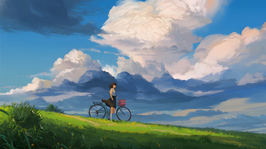 少女自行车停驻山坡云层翻涌治愈系动漫风景电脑壁纸