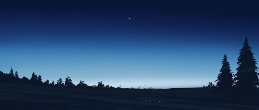 新月夜空深蓝渐变松林剪影宁静夜景风景电脑壁纸
