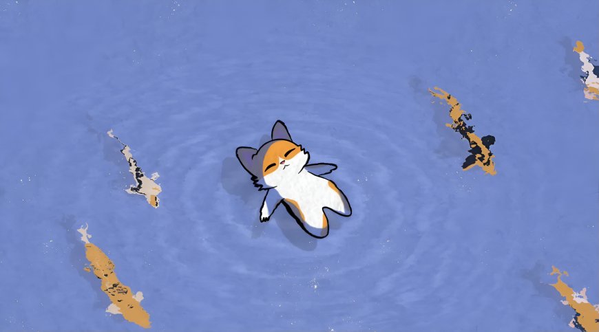 漂浮猫咪锦鲤水中治愈系插画创意电脑壁纸