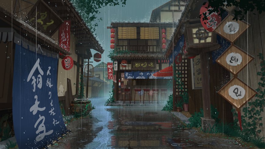 雨中京都古巷日式建筑灯笼倒影唯美风景电脑壁纸