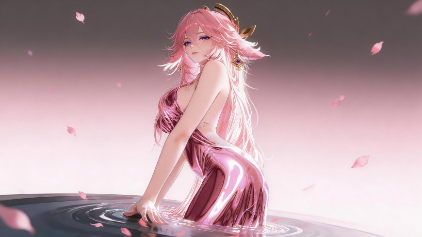 原神八重神子水中倒影花瓣飘落动漫电脑壁纸