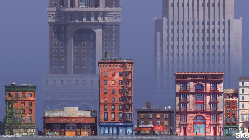 城市建筑群复古与现代高楼林立插画风格电脑壁纸