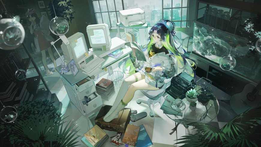 绿发少女复古办公室阅读咖啡创意动漫电脑壁纸