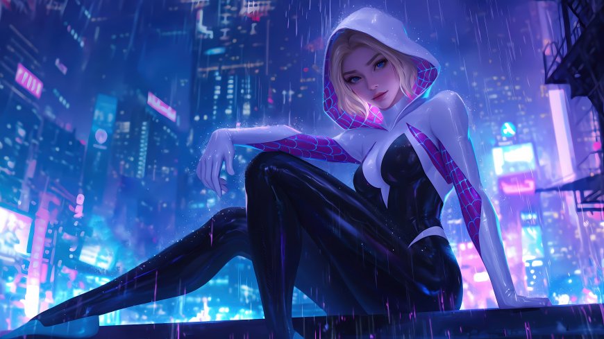 蜘蛛格温雨中城市夜景超级英雄动漫电脑壁纸