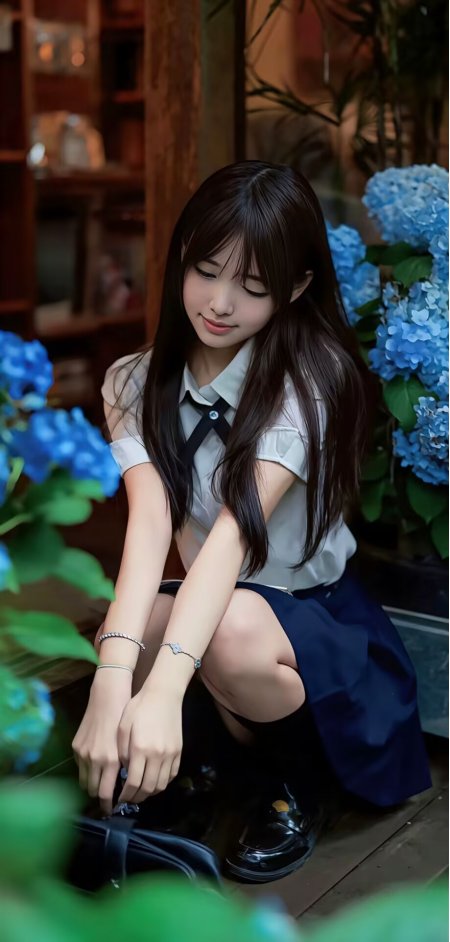 蓝花旁女生校服蹲姿温柔人物手机壁纸
