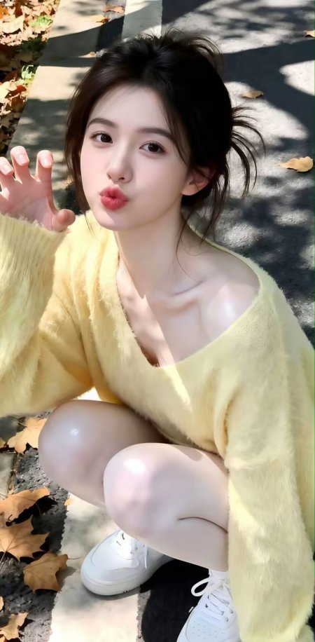 黄衣少女秋日落叶俏皮嘟嘴人物手机壁纸