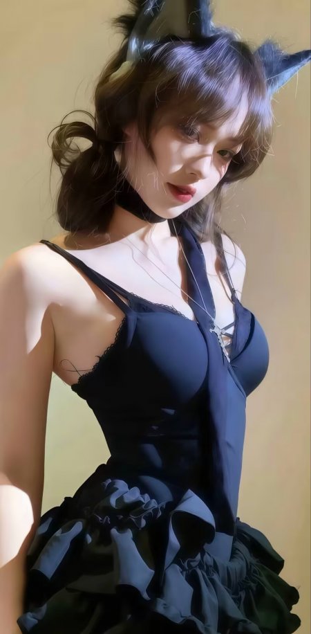 黑吊带裙猫耳女生性感造型人物手机壁纸