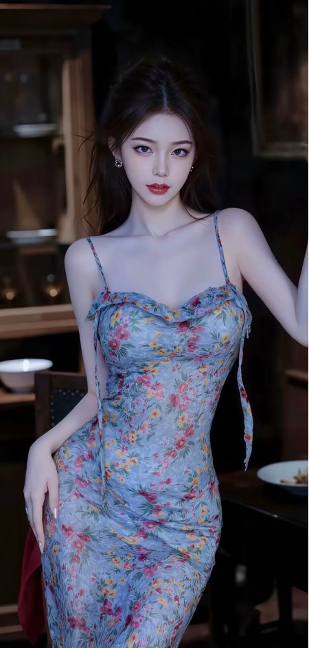蓝底碎花吊带裙美女优雅气质人物手机壁纸
