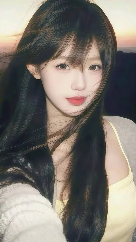 黑发齐刘海少女温柔眼神治愈系手机壁纸