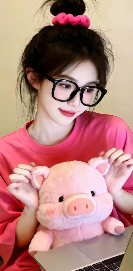 粉色T恤美女抱猪玩偶可爱人物手机壁纸