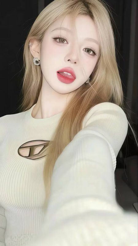 金发美女白色针织衫自拍甜美人物手机壁纸