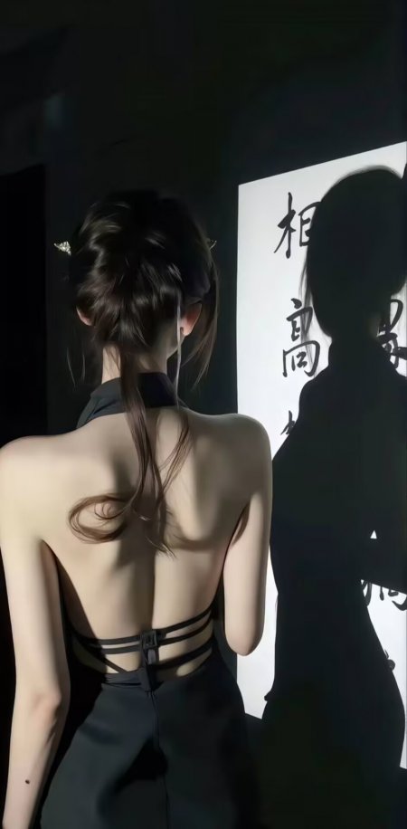 黑衣美女背影书法墙前优雅人物手机壁纸