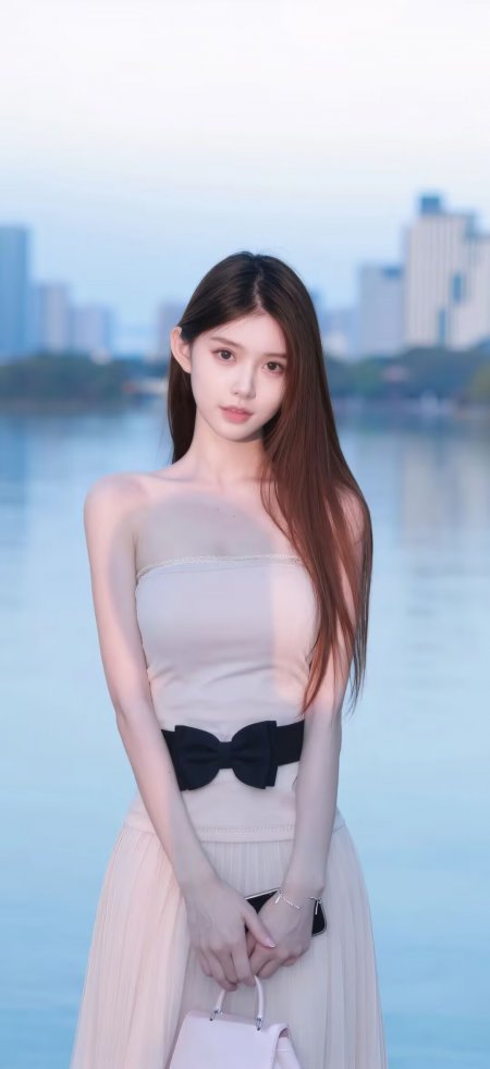 米色抹胸裙美女湖畔优雅写真人物手机壁纸