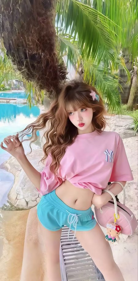 粉T蓝短裤女生泳池边造型人物手机壁纸